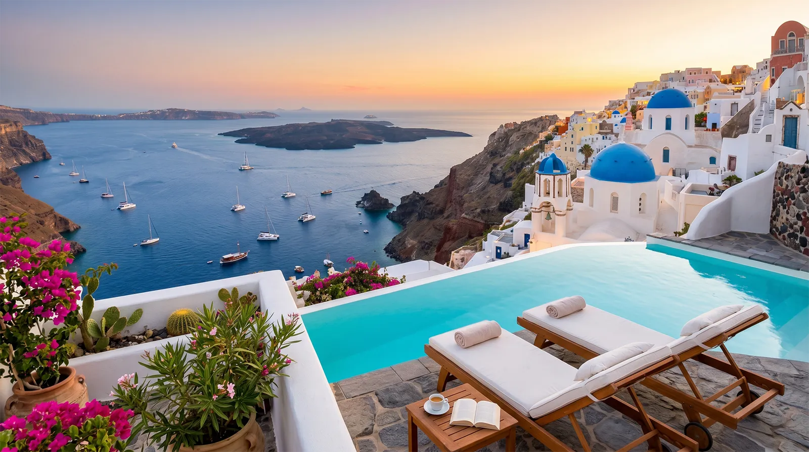 Santorini - widok z tarasu hotelowego na zatokę i prywatny basen